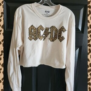 ACDC Leapord Print Logo Raw Graphic Crop T Shirt